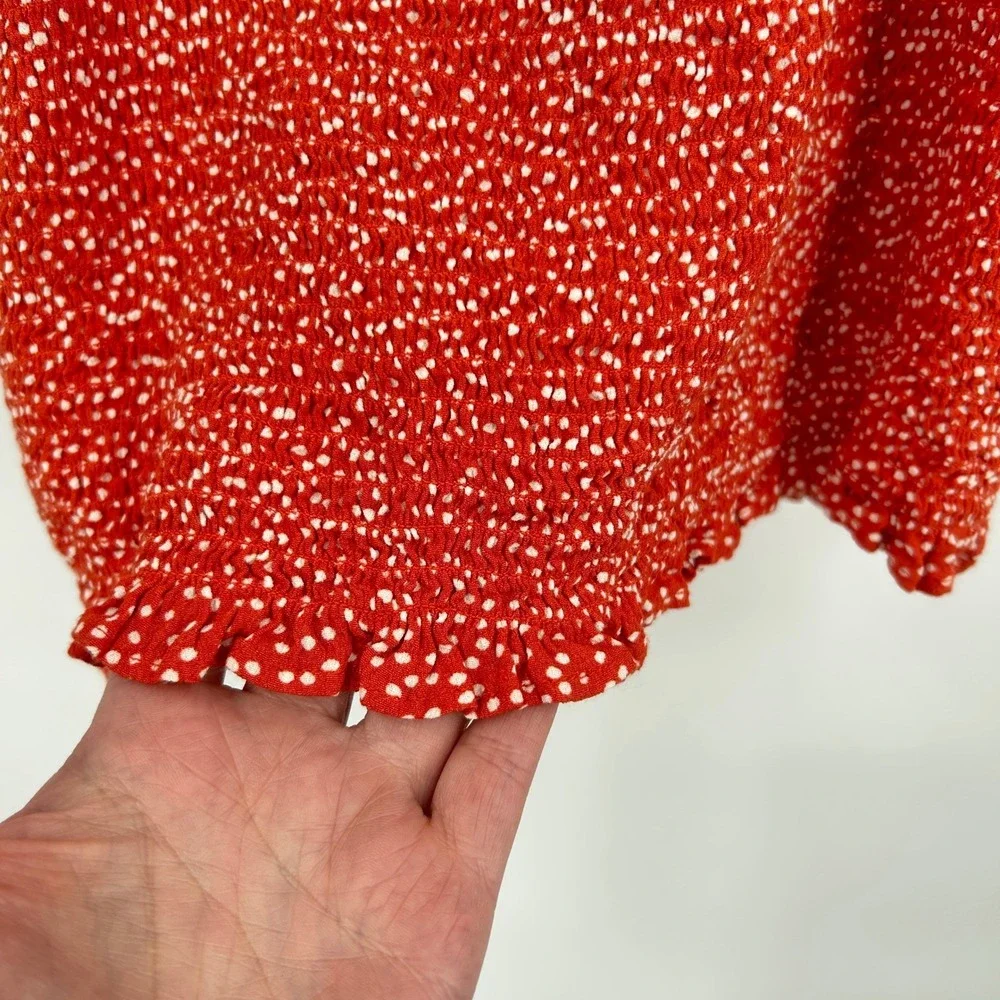 Coquette Smocked Puff Sleeve Top S Red‎ Polka Dot Square Neck Romantic Feminine